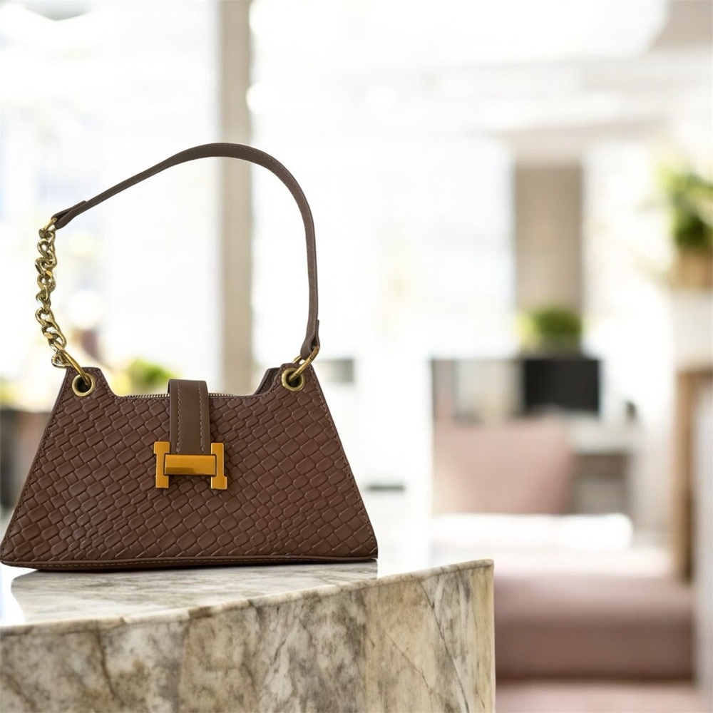 Brown Leather Handbag with Gold Accents